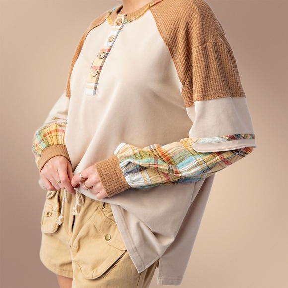 EASEL "Alabama Top - Talladega" Loose Fit Henley Layered Look Mineral Washed Top - Picture 10 of 14